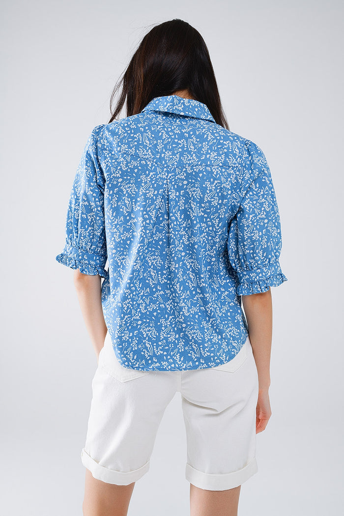 Blue Blouse with Floral Design and short sleeves - Shirts