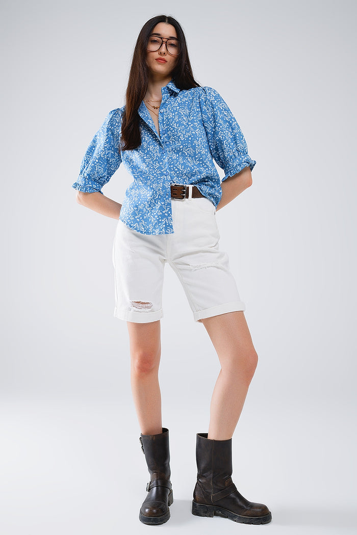 Blue Blouse with Floral Design and short sleeves - Shirts