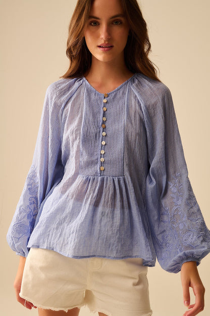 Blue chiffon blouse with embroidery on the sleeves - Shirts