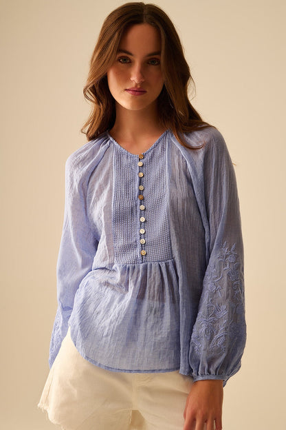 Blue chiffon blouse with embroidery on the sleeves - Shirts