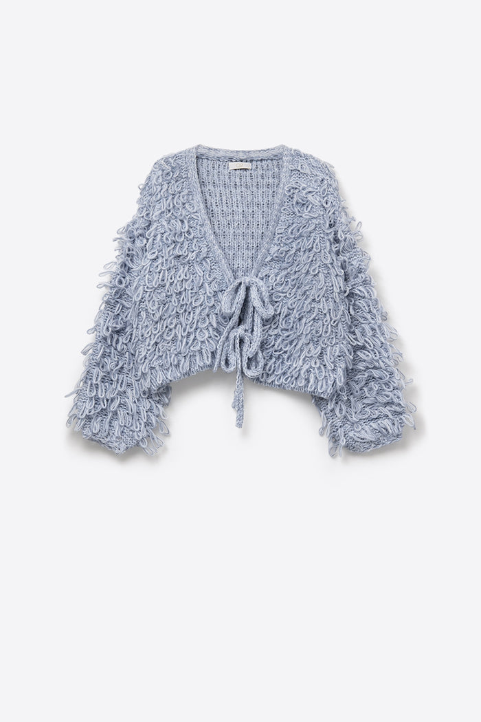 Blue chunky knit cardigan with V-neck and front bow closure