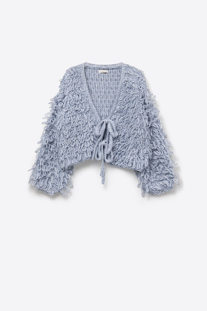 Blue chunky knit cardigan with V-neck and front bow closure