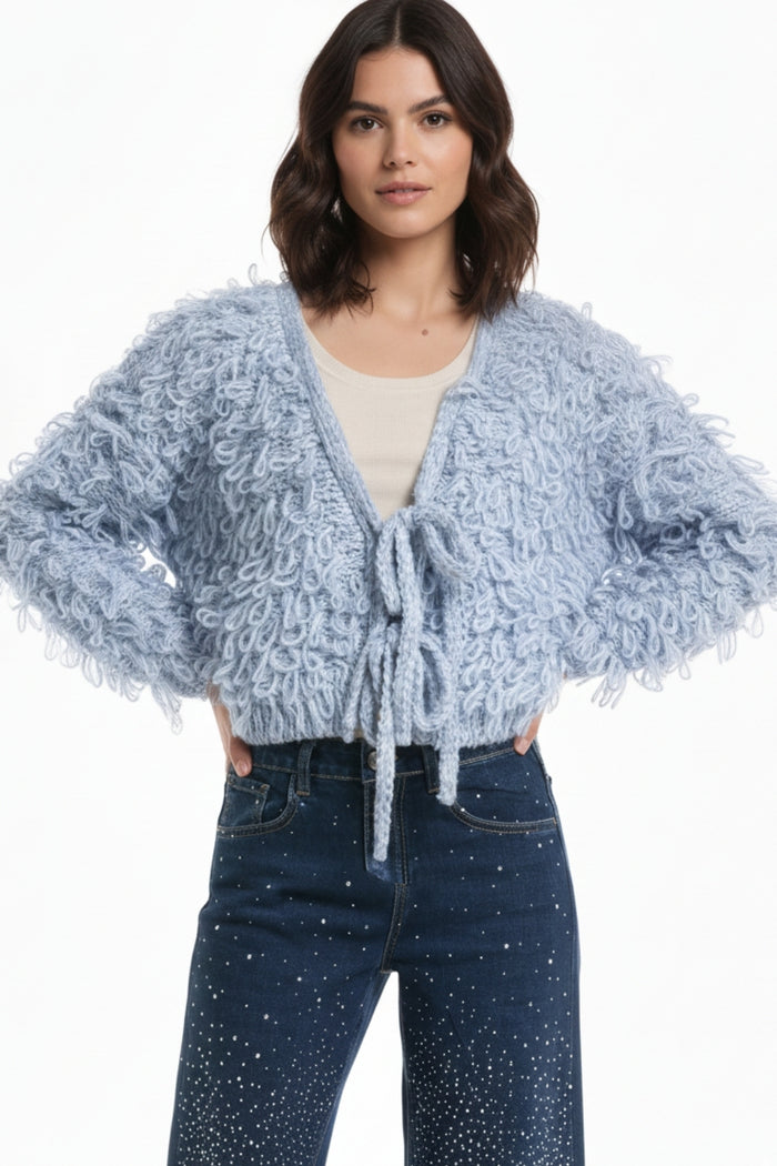 Blue chunky knit cardigan with V-neck and front bow closure