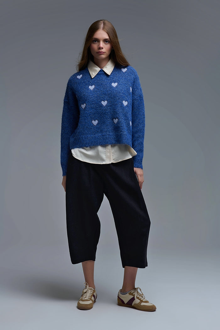Blue Crew Neck Sweater With Striped Hearts