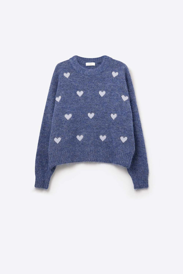 Blue Crew Neck Sweater With Striped Hearts