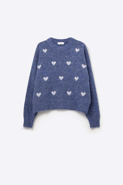 Blue Crew Neck Sweater With Striped Hearts