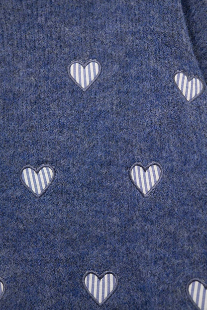 Blue Crew Neck Sweater With Striped Hearts