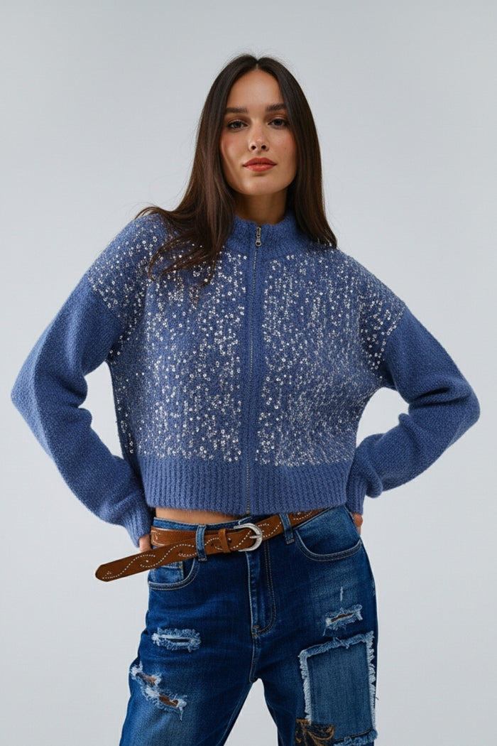 Blue fluffy knit cardigan with sequins and zipper closure