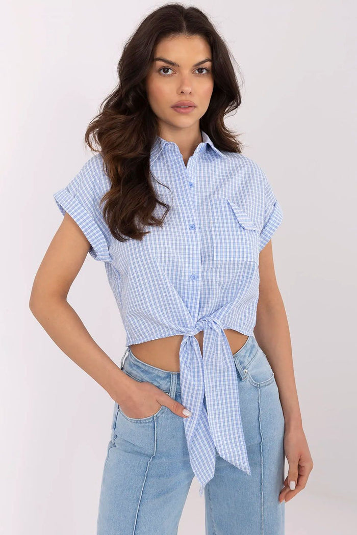 Blue Gingham Tie-Front Crop Shirt Top blue - Crop Tops