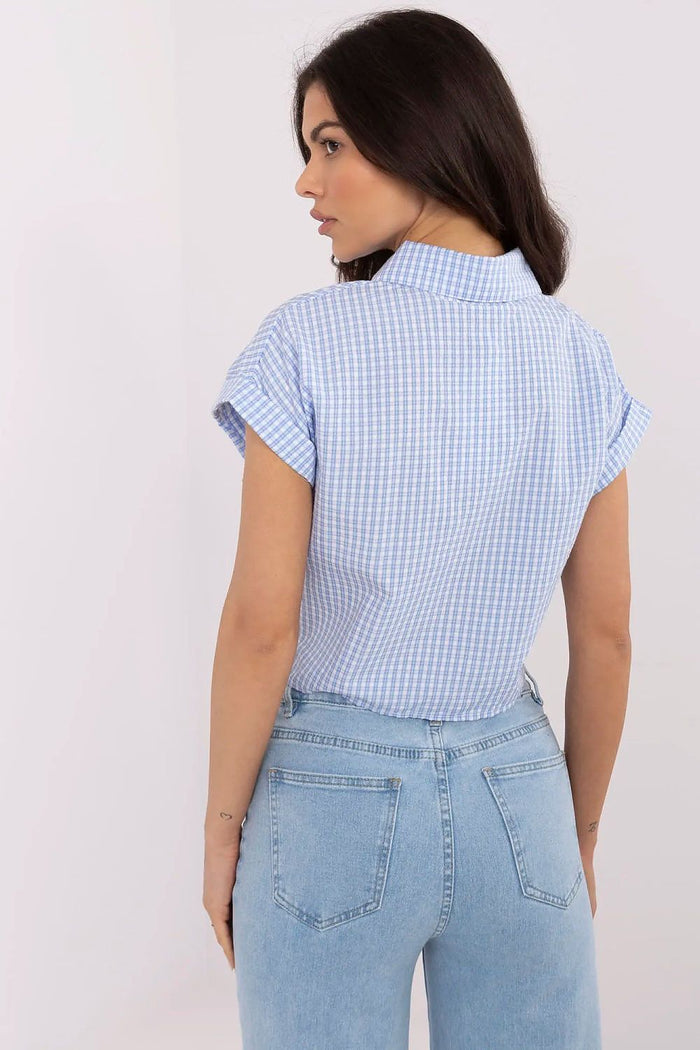 Blue Gingham Tie-Front Crop Shirt Top - Crop Tops