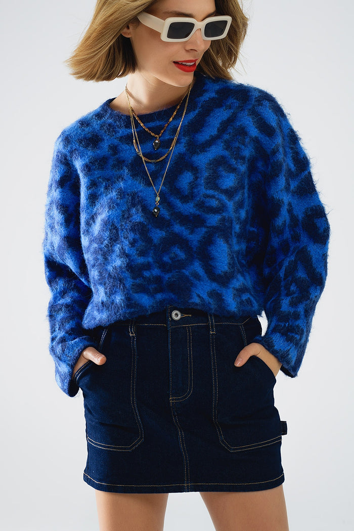 Blue Leopard print sweater made of knitted fabric with wool