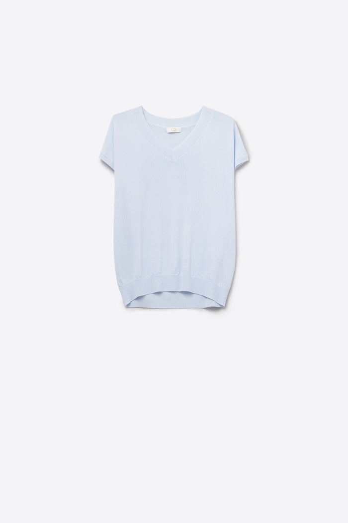 blue lightweight knit V-neck sweater with short sleeves