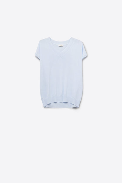 blue lightweight knit V-neck sweater with short sleeves