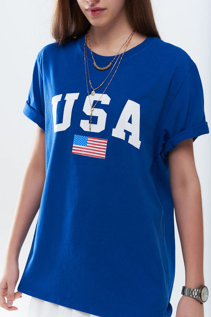 Blue loose long t-shirt with USA logo - top