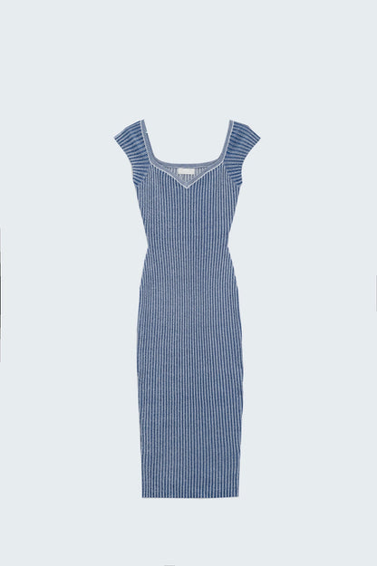 Blue midi thick rib bodycon dress with cap sleeves - dress