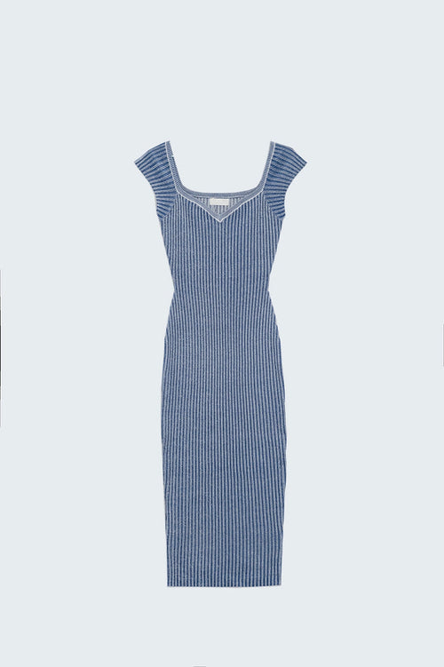 Blue midi thick rib bodycon dress with cap sleeves - dress