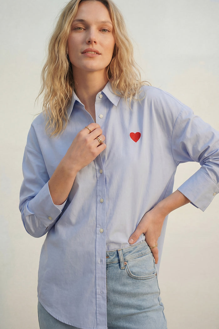 blue Oxford Cotton Shirt with Embroidered red Heart Detail - Shirts