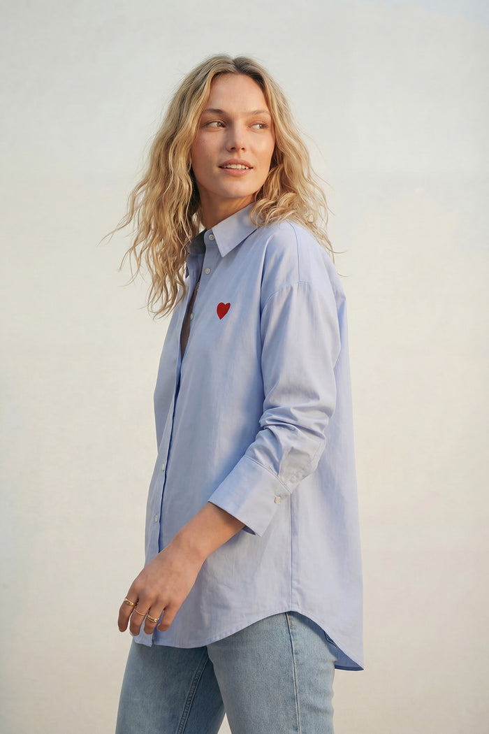 blue Oxford Cotton Shirt with Embroidered red Heart Detail - Shirts