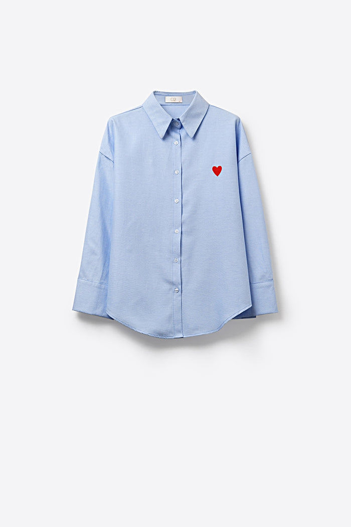 blue Oxford Cotton Shirt with Embroidered red Heart Detail - Shirts