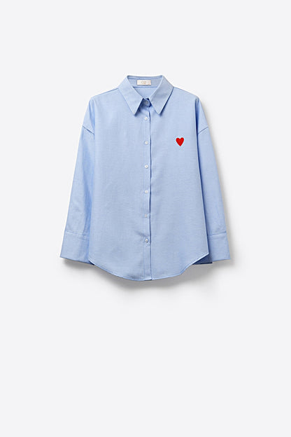 blue Oxford Cotton Shirt with Embroidered red Heart Detail - Shirts