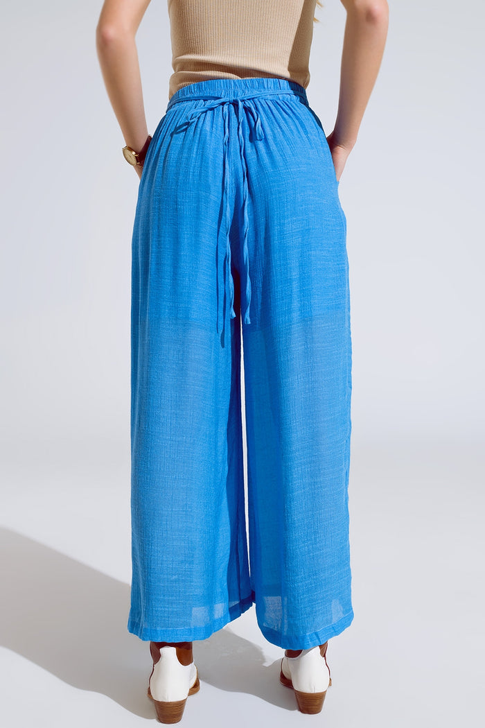 Blue Palazzo style Pants With Side Pockets And Thick Waist Band - trousers