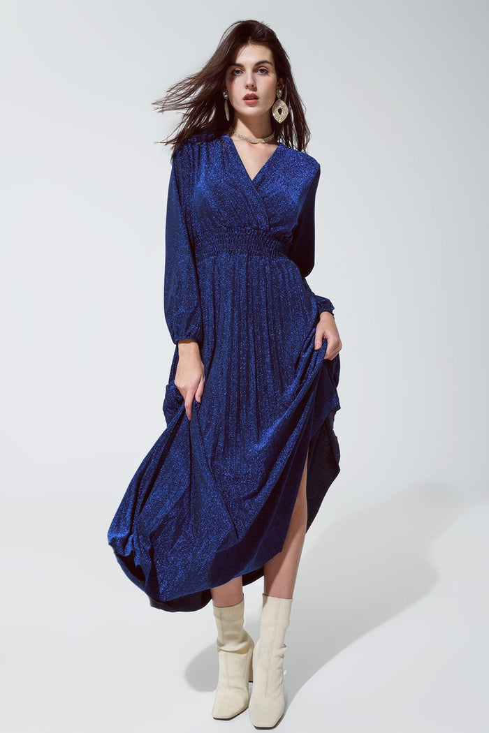 Blue shiny fitted high waist maxi dress with V neck - dress