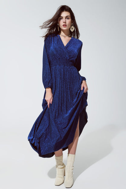 Blue shiny fitted high waist maxi dress with V neck - dress