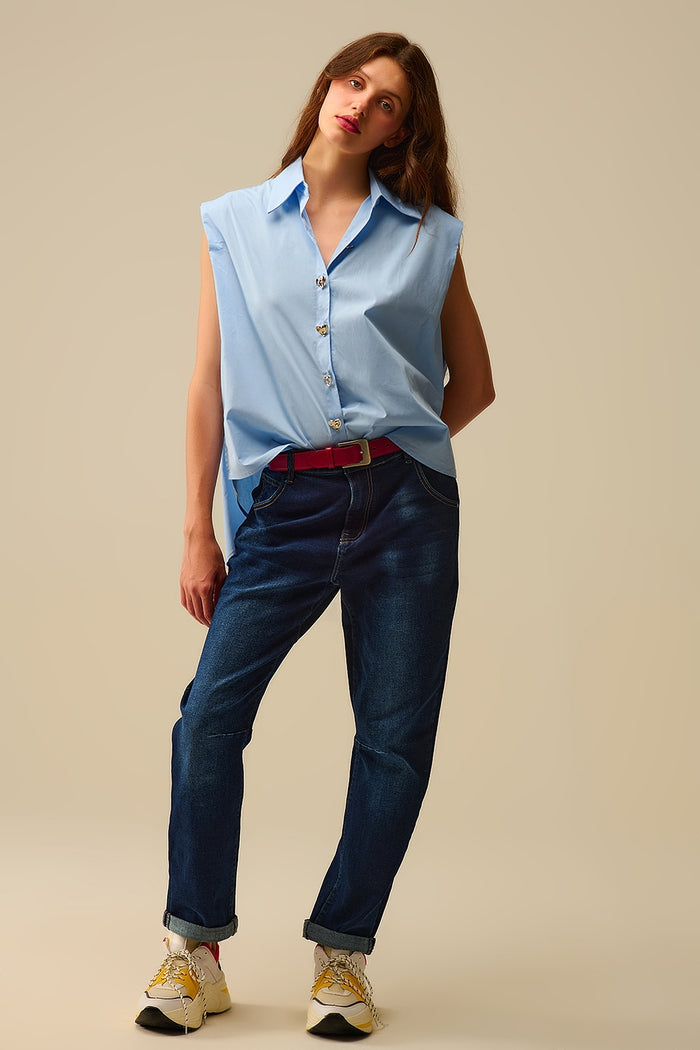 Blue Sleeveless Blouse with Heart-shaped Buttons - Shirts