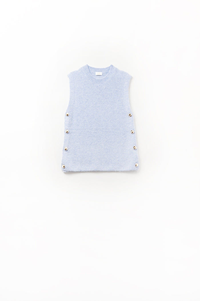 Blue sleeveless sweater with gold buttons on side