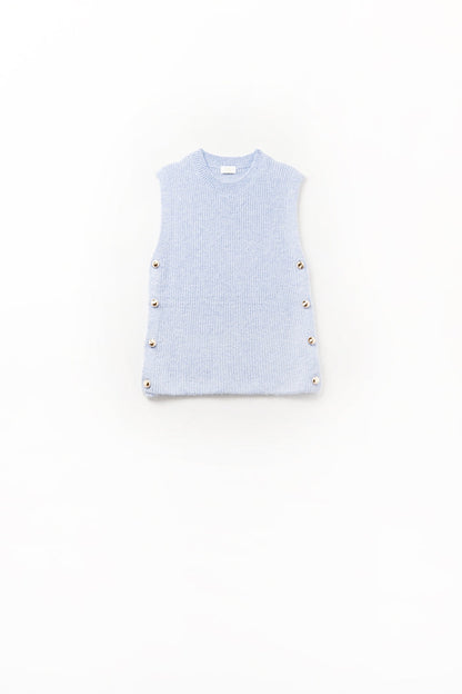 Blue sleeveless sweater with gold buttons on side
