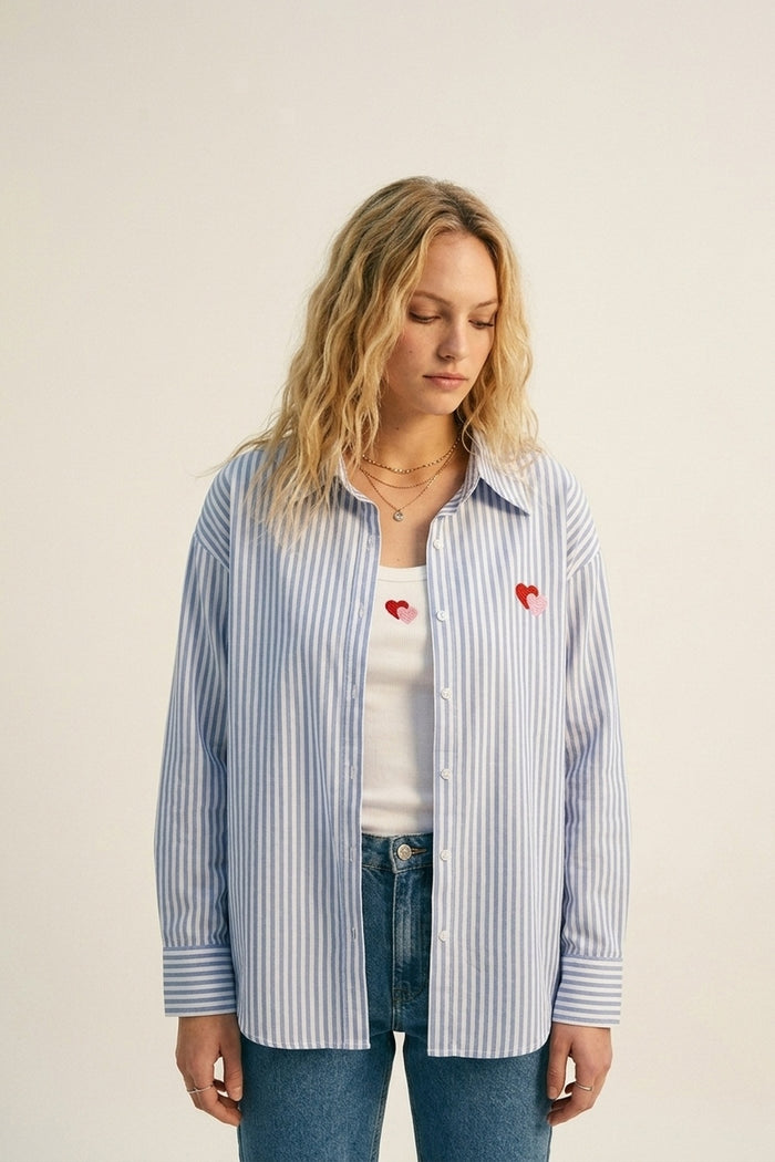 Blue Stripe Cotton Embroidered Heart Set t-shirt and shirt 2 pieces - Shirts