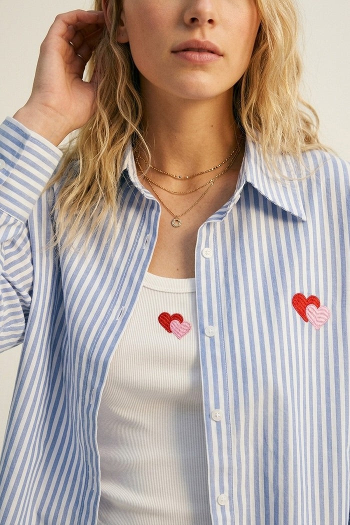 Blue Stripe Cotton Embroidered Heart Set t-shirt and shirt 2 pieces - Shirts