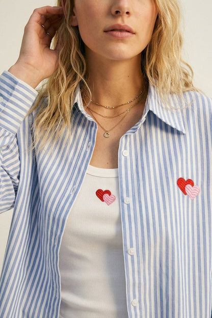 Blue Stripe Cotton Embroidered Heart Set t-shirt and shirt 2 pieces - Shirts