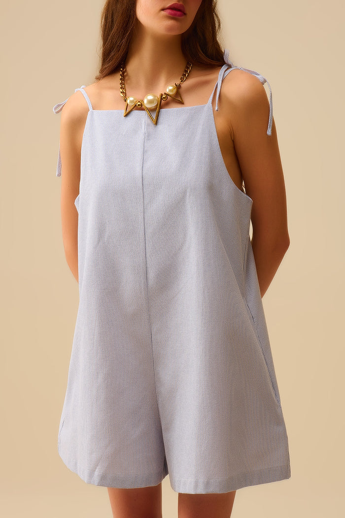 blue striped playsuit with shoulder ties and back pocket detail - dress