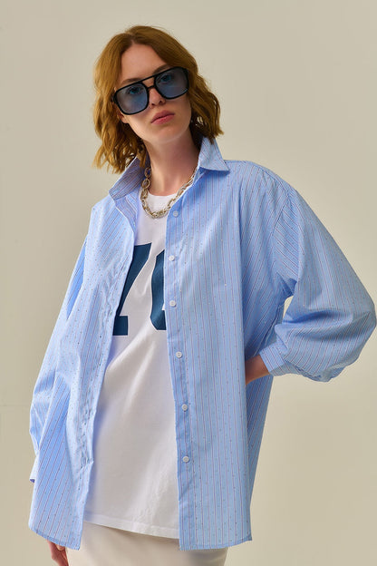 blue striped poplin shirt embellished with strass - Shirts