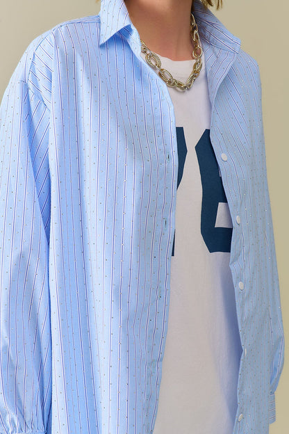 blue striped poplin shirt embellished with strass - Shirts
