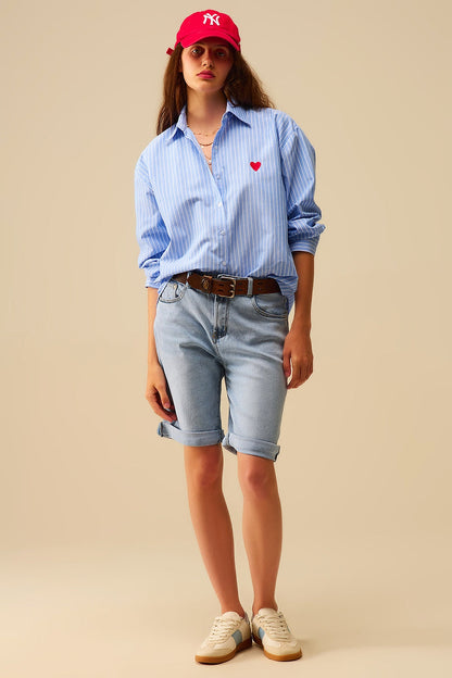 Blue Striped shirt with red heart embroidery - Shirts
