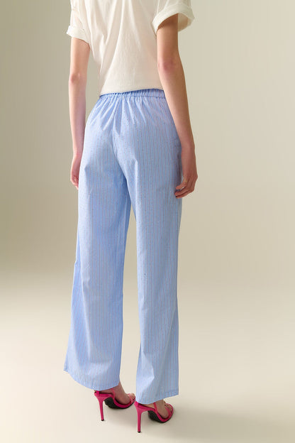 Blue Striped wide Leg Pants With strass Embellishment - trousers