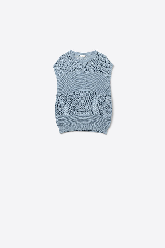Blue sweater with soft open knit and dropped sleeves