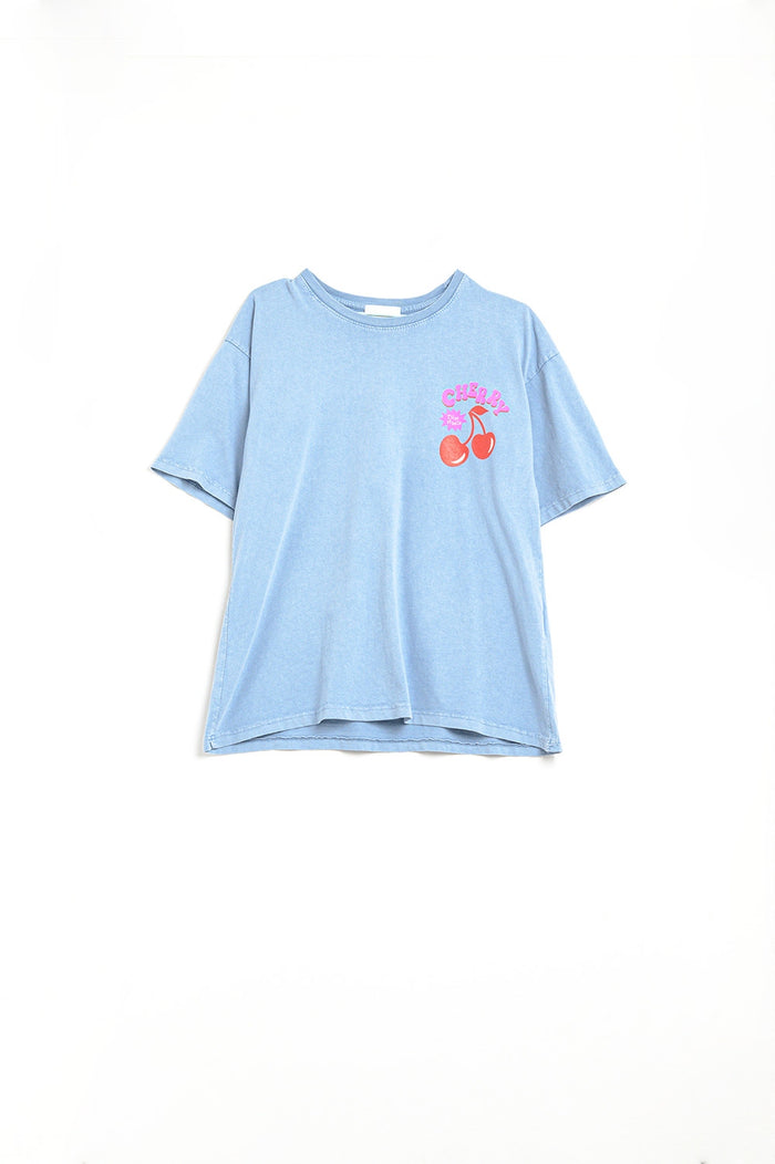 Blue T-shirt with Cherry in logo and letters - top
