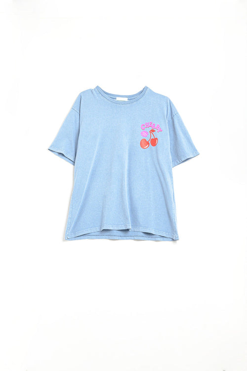 Blue T-shirt with Cherry in logo and letters - top