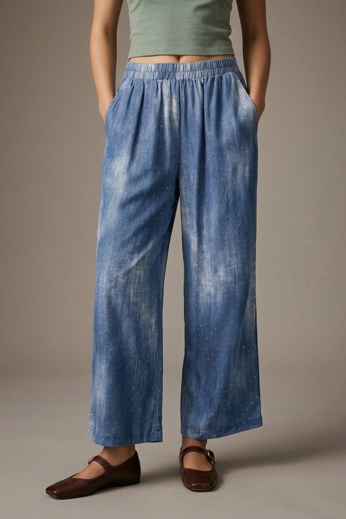 Blue Tie-Dye chiffon Elastic Waist Pants with embellished strass - trousers