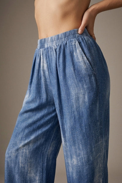 Blue Tie-Dye chiffon Elastic Waist Pants with embellished strass - trousers