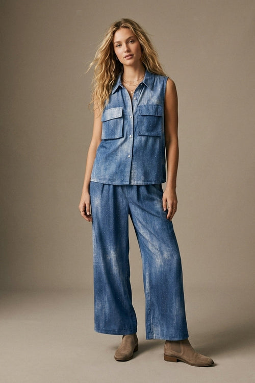 Blue Tie-Dye Sleeveless Shirt with embellished Rhinestone - Shirts