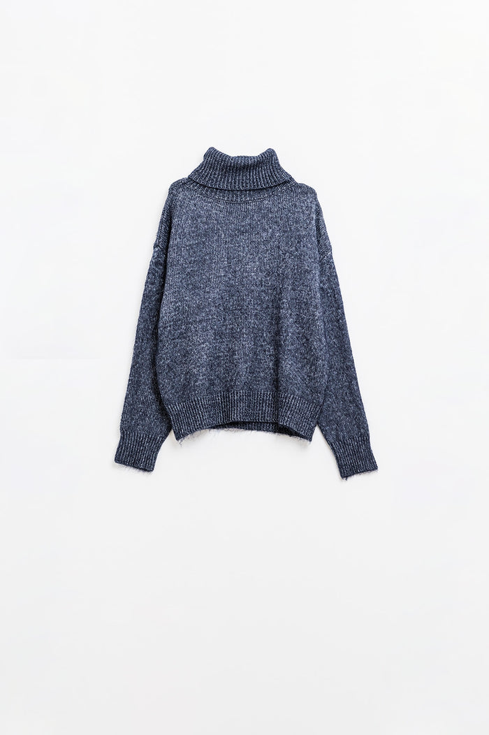 Blue turtleneck jumper with dropped sleeves