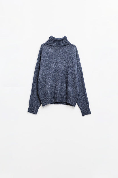 Blue turtleneck jumper with dropped sleeves