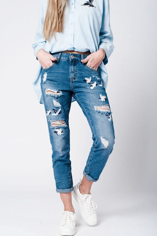 Blue wash mom jeans bird embroidery - Denim