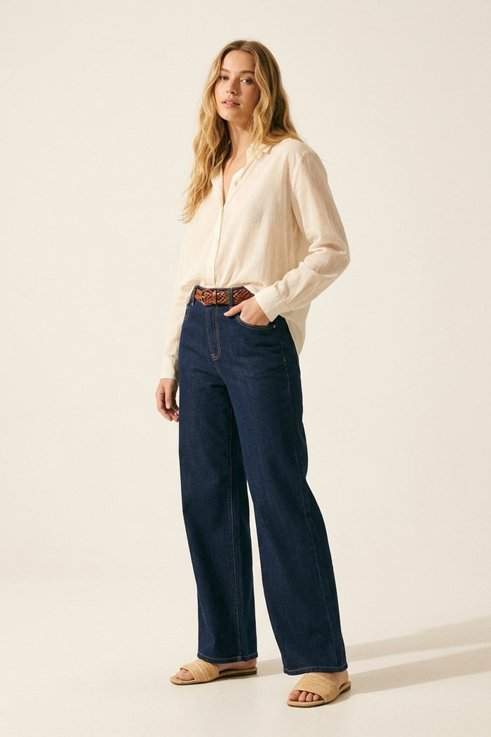 Blue Wide-Leg High-Rise Denim Jeans - Denim