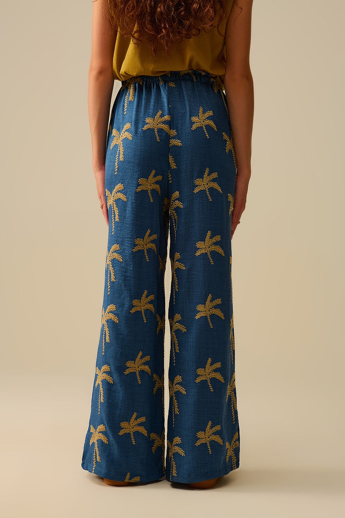 Blue Wide-Leg Trousers with beige Palm Tree Embroidery - trousers