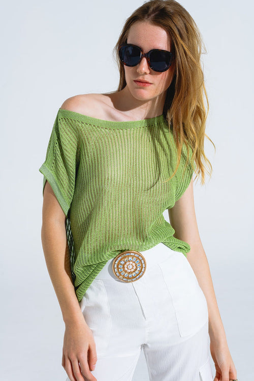 Boat Neck Ribbed Sweater With Cap Sleeves in Green